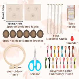 INFUNLY 6 Sets DIY Flower Necklace Embroidery Kit for Adult Beginner Embroidery Pendant Kit Floral Theme Embroidery Necklace Kit Flower Leaf Cross Stitch Kits with Instructions for Women Gift