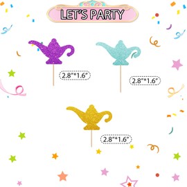 24pcs Genie Lamp Cupcake Toppers, Lamp Sign Cupcake Toppers, Gold Glitter Lamp Silhouette Cupcake Picks for Baby Shower, Magic Genie Lamp Themed Birthday Party Supplies