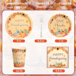 Atonofun Friendsgiving Party Supplies, Thanksgiving Plates and Napkins Set, Disposable Friendsgiving Party Plates, Cups, Napkins and Forks for Fall Harvest Thanksgiving Party Decorations Serves 24