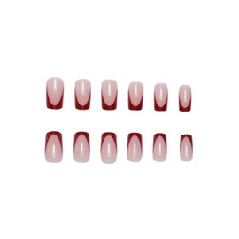 SINHOT Medium Press on Nails Square Fake Nails Glossy Glue on Nails Red Bling Glitter Edge Acrylic Nails Squoval Artificial Nails FrenchTip Stick on False Nails with Design 24 pcs