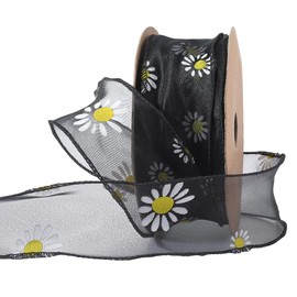 CABODYALS 10 Yards 1 5/8 Inch Floral Organza Ribbon Black Sheer Mesh Ribbon Spring Daisy Flower Print Transparent Ribbons Bulk with Spool for Sewing Making Craft Gift Wrapping Wreath DIY Decor Supply