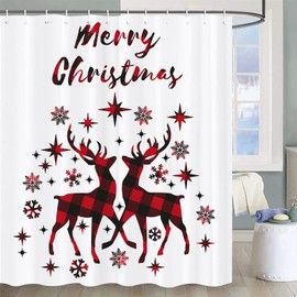 Jbralid Merry Christmas Shower Curtain Christmas Reindeer Snowflake Red and Black Buffalo Check Plaid Waterproof Shower Curtains for Bathroom Decorations with Hooks 72x72 Inch