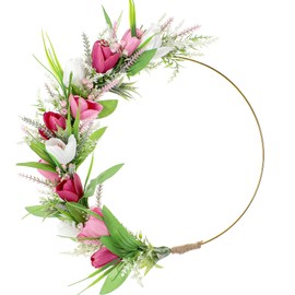 Tulip Wreaths for Front Door - 12 Inch Greenery Spring Wreath with Pink Tulip for Farmhouse Home Decor, Hanging Pink Wreath for Porch Wall Indoor Outdoor Wedding