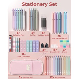 Four Candies 56 PCS Aesthetic School Supplies with Cute Pencil Case, 6 Multicolor Pen, 12 Pastel Highlighters, 5 Gel Pens Black Ink, 9 Mechanical Pencils for Student Stationary Set Preppy Stuff (Pink)