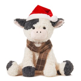 MINISO 10.5" Cow Stuffed Animal with Santa Hat & Scarf Set Ultra-Soft Cuddle Cartoon Stuffed Plush Toy for Kids Boys Girls Christmas