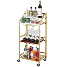 MAHANCRIS Bar Cart with Mirrored Shelf, Serving Cart for Home, Drink Cart with Wine Rack, Rolling Kitchen Cart with Wheels, Glass Holder, for Kitchen, Dining Room, Gold and White RCJW67M01