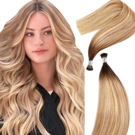 DIYOMO I Tip Hair Extensions - Human Hair,Dark Golden to Rose Gold Brown Mixed with Bleached Blonde 16 Inch For Women Soft & Natura Itip Human Hair Extensions 50g 70s