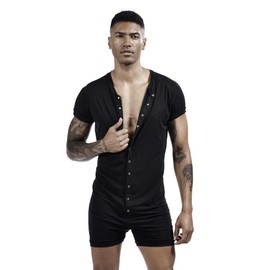 Gymskop Mens Onesie Henley Jumpsuit Adult Stretchy Silk Pajamas Lounge Shirt One Piece Garment Black XL
