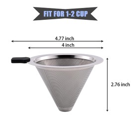 Small Size Pour Over Coffee Filter Dripper, Stainless Steel Metal Cone Drip Coffee Filter, Paperless and Permanently Reusable, Double Mesh Coffee,Tea Filter for 1-2 Cups