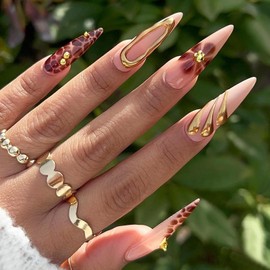 MISUD Fall Press on Nails Long Stiletto Fake Nails Glossy Glue on Nails Brown Flower Cheetah Acrylic Nails Almond Artificial Nails 3D Gold Chrome Stick on False Nails with Design 24pcs