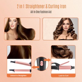 2 in 1 Hair Straightener and Curler, 1 Inch Ceramic Flat Iron & Curling Iron Combo, Mini Travel Dual Voltage 100‑240V, Fast PTC Heating, 360° Swivel Cord, Heat‑Resistant Travel Pouch, Rose Gold