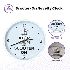 Zoom Urban Gear Scooter-On Keep Calm Wall Clock for Home and Office, Battery Operated Analog Time Keeper for Avid Riders, Fun Novelty Gift, Wall-Mounted or Desk Stand Display (White)