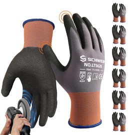 Schwer 6 Pairs Safety Work Gloves with Sandy Nitrile Coating LT5626, Max Abrasion Resistance Heavy Duty Working Glove with Grip for Men and Women, Ideal for Mechanic, General-Purpose, L
