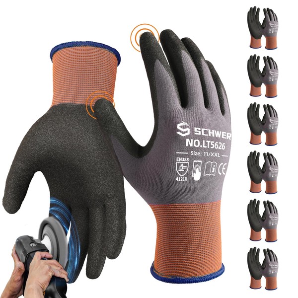 Schwer 6 Pairs Safety Work Gloves with Sandy Nitrile Coating