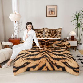 3D Tiger Skin Comforter Set Wild Africa Animals Bedding Set Queen Size Kids Teens Men Adult Home Room Decor Abstract Black Brown Stripes Quilt Set Romantic Vintage Duvet Insert,2 Pillowcases