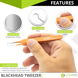 Blackhead Tweezer - Professional Curved Steel Tip Surgical Comedone & Splinter Extractor. Ideal Blemish & Acne Remover Tool Means Flawless Facial Skin (Orange)
