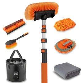 20FT Car Wash Brush with Long Handle, Car Cleaning Kit with Soft Bristle Wash Brush, Microfiber Cleaning Mop, Window Squeegee, Mitt, Wheel Brush, Bucket, Drying Towel for RV, Truck, Boat