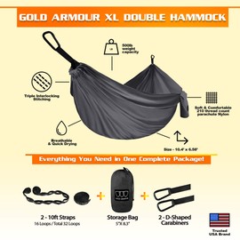Gold Armour Hamaca de camping – Hamaca doble XL portátil hamaca accesorios de camping equipo para interiores y exteriores con correas de árbol, marca con sede en Estados Unidos (gris)