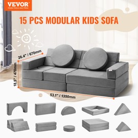 VEVOR 15pcs Modular, Toddler Foam Sofa Couch with High-Density 25D Sponge for Playing, Creativing, Sleeping, Imaginative Kids Furniture for Bedroom and Playroom, Grey