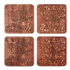 Madrid Map Coaster, Set of 4, Sapele Wooden Coaster with City Map, Handmade