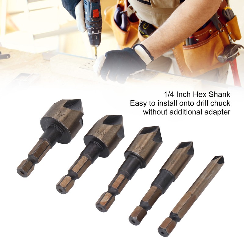 5 Pcs Countersink Drill Bit 1/4in 3/8in 1/2in 5/8in 3/4in