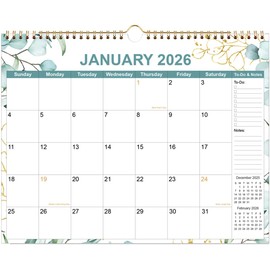 2026 Calendar - Calendar 2026 from January 2026 - December 2026, 12 Months Calendar with Premium Paper, Twin-Wire Binding & Hanging Hook, 12" x 14.5", Green Leaf