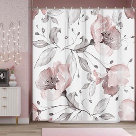 BIVINAR Pink White Floral Shower Curtain, Waterproof Fabric Watercolor Flower Bathroom Shower Curtain with 12 Hooks, 72 x 72 Inch