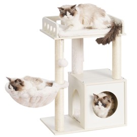 Heybly Cat Tree, Wooden Cat Tower with 3 Scratching Posts, Modern cat Furniture, Cat Condo for Indoor Cats with Wood Cat Cave, Plush Perch, Basket, Pompom, White HCT007SWT