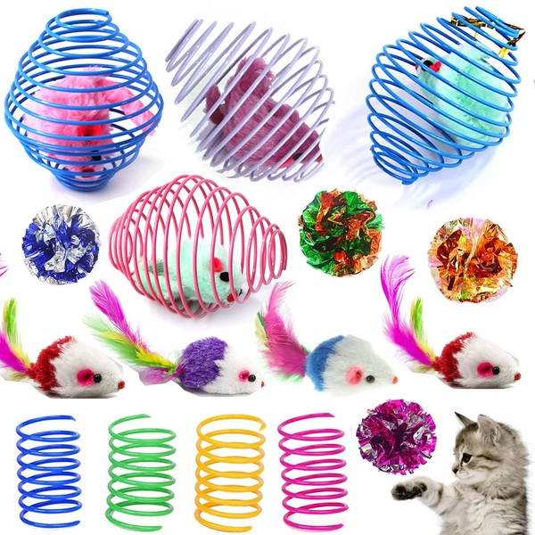 Fejapa 16 Pack Assorted Cat Metal Spring Balls Stretchable Large