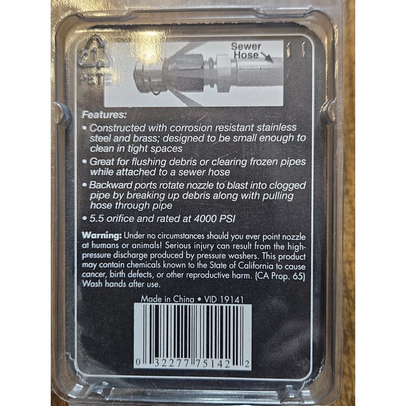 Forney 75142 Pressure Washer Accessories, Sewer Nozzle, Rotating, 1/4-Inch NPT