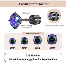 Hopply G23 Pure Titanium Earrings,20G Hypoallergenic Implant Grade Flatback 5A Cubic Zirconia Earrings Studs, Suitable for Women Men Sensitive Ears Jewelry Gift (Black+Rainbow CZ, 6mm)