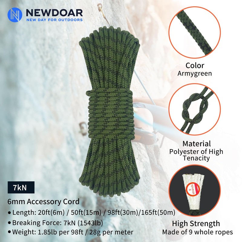 NewDoar Static Climbing Rope 6mm Accessory Cord Rope,for Arborist Tree,