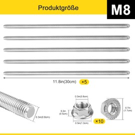 Threaded Rods M8 x 30 cm Threaded Rod Stainless Steel 5 Full Threaded Rod with 10 Flange Nuts for Machines and Furniture Making (M8 x 30 cm)