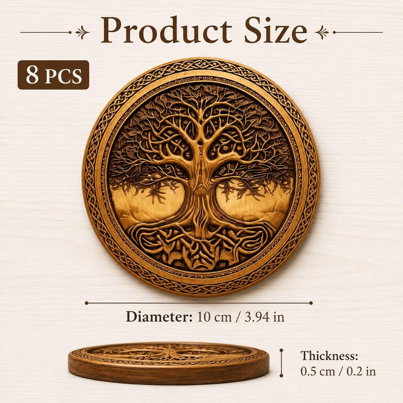 8PCS Wooden Coasters, Coaster Set with Tree Design for Home