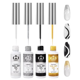 Gel Nail Art Polish Set with Thin Brush – 4 Colors White Gel Nail Polish Black Silver Glitter Liner for Nail Art Design French Tips Soak Off UV/LED 8ml