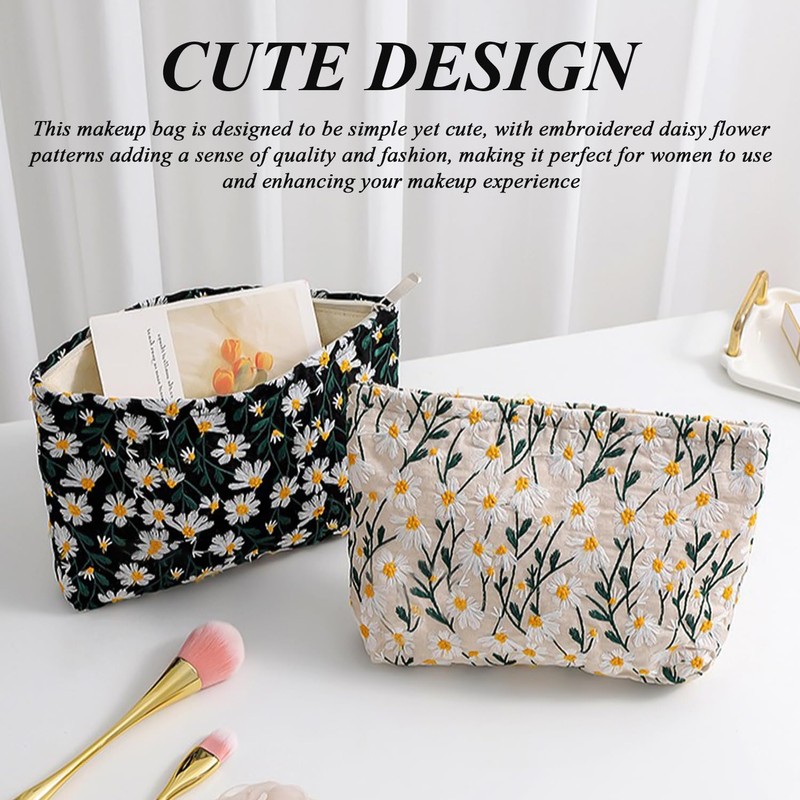2 Gänseblümchen -Make -Up -Taschen, Bestickte Kosmetaschen, Süße Und Einfache