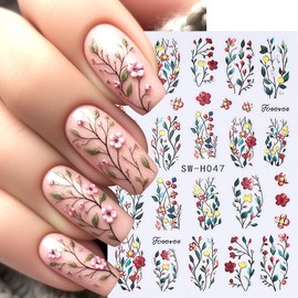 Colorful Flowers Nail Art Stickers 3D Orange Flower Nail Decals with Gold Edge Designs Nail Stickers Self-Adhesive Wildflowers Leaf Nail Decal Cute Floral Leaves Nail Sticker for Women Nails Decor