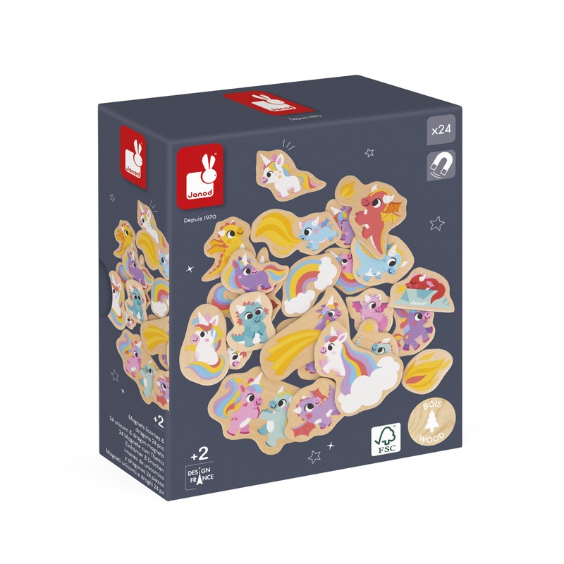 Janod - 24 Magnetic Wooden Magnets - Unicorns and Dragons