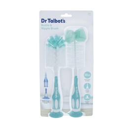 Dr. Talbot’s Bottle and Nipple Brush, Soft Nylon Bristles, Sponge Top, Handle with Suction Base, 2 pack, Aqua