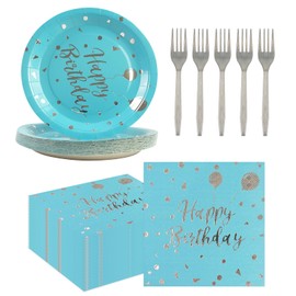 75PCS Happy Birthday Paper Plates Set, Gold Dot Paper Plates 6.5Inch Napkins 6.3 Inch Plastic Forks Tableware Set Dessert Plates Serve 25Guests for Birthday Party Decoration (Light Blue, 7IN)