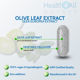 Olive Leaf Extract 90 Capsules (V) (not Tablets) Purest, no additives, Strong 40:1 20,000mg Equivalent Vegan Immune Support, Blood Pressure and Cholesterol Support. Made in The UK by Health4All