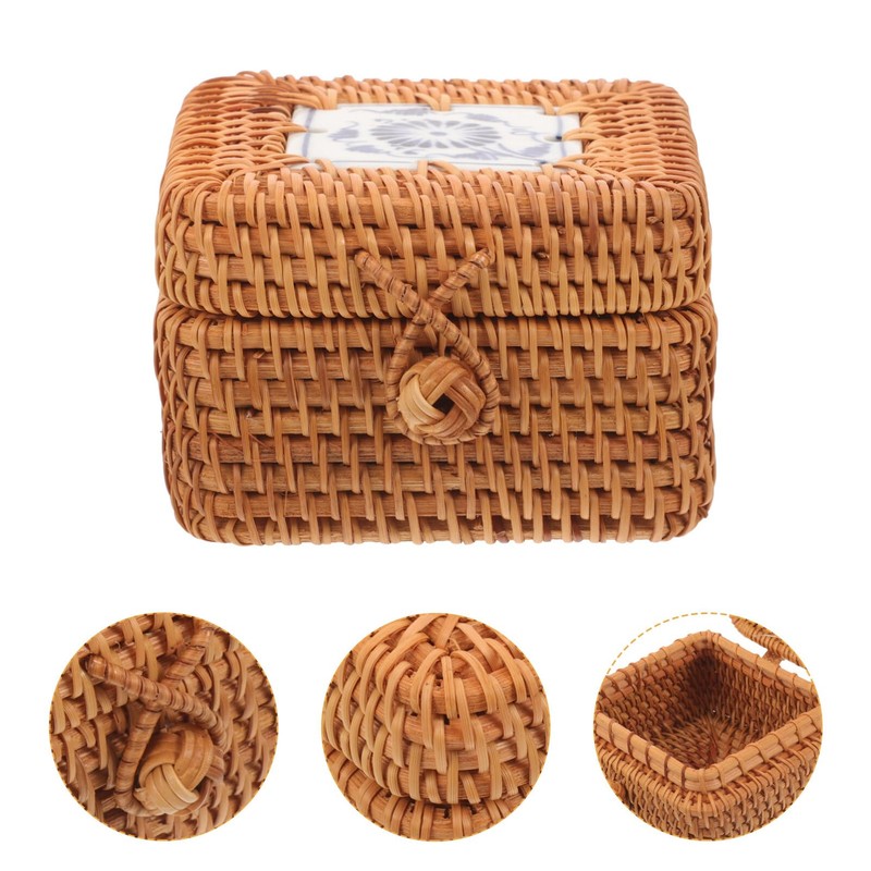 Kichvoe Rattan Storage Box Sundries Organizer Trinket Chest Desktop Storage