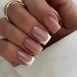 Press on Nails Medium Square SWEKKE French Tip Fake Nails Pink Full Cover Glue on Nails Glitter Glossy False Nails with Nail Glue Stick on Nails Acrylic Nails Artificial Nails for Women Girls 24Pcs