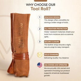 Mt Diablo 4 Slot Chisel Roll - Heavy Waxed Canvas Tool Roll with Top Flap and Genuine Leather Tie Strap - Tool Bag only - Tools Not Included.