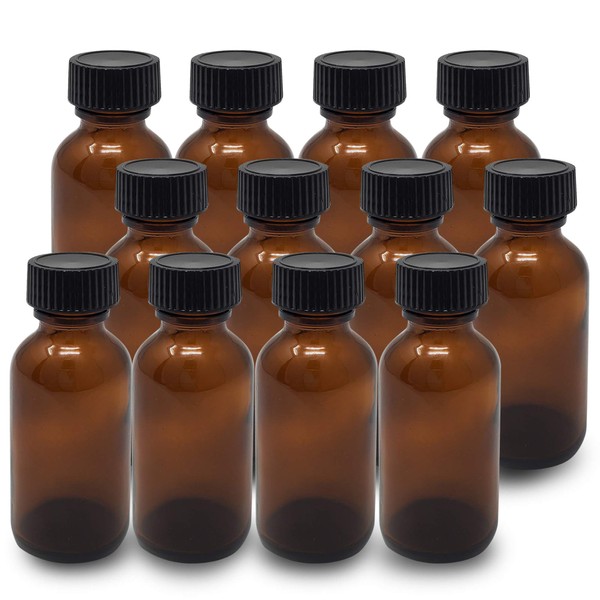 Onisavings Amber Glass Bottles 1 Oz (30 ml) Pack Of 12 Empty Refillable Bottles With Black Cap
