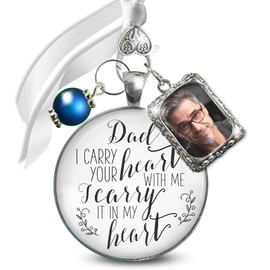 Bouquet Charm for Wedding Customize Memory of Father Dad You Walk Beside Me Every Day Vintage Silver White Glass Pendant Jewelry Loving Memorial on Brides Flowers DIY Photo Template