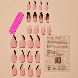 CEWEWP French Tip Press on Nails Almond Medium Acrylic Nails Black Yellow Nail Tip Fake Nails with Nail Glue False Nails with Glitter Leaf Designs Pink Glossy Artificial Nails for Women Girls