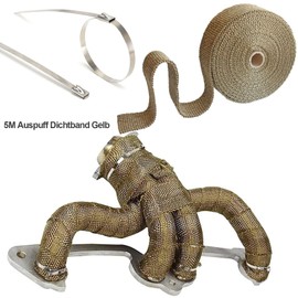 Heat Protection Tape Exhaust, 5 m Exhaust Sealing Tape, Yellow, Titanium Heat Protection Tape Made of Basalt Fibre, with 10 Stainless Steel Cable Ties, Heat Protection Tape, for Manifolds, Thermal