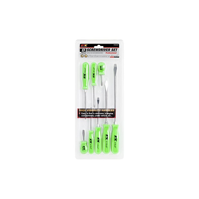 Performance Tool W904GN High Visible Screwdriver Set, 8-Piece, Green