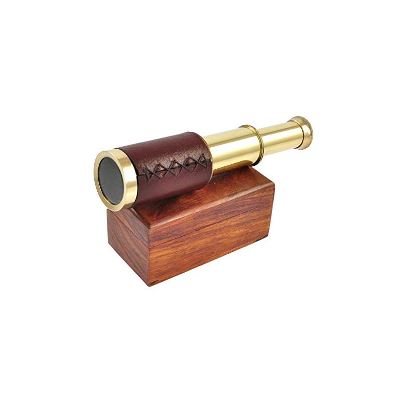Antique leather bound brass telescope 6" with wooden Box